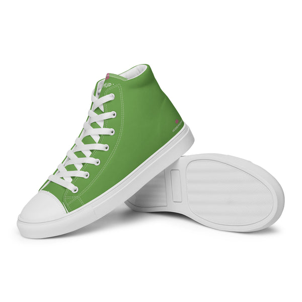 Bright Green Men's High Tops, Solid Green Color Designer Premium Quality Stylish Men's High Top Canvas Tennis Shoes With White Laces and Faux Leather Toe Caps (US Size: 5-13)