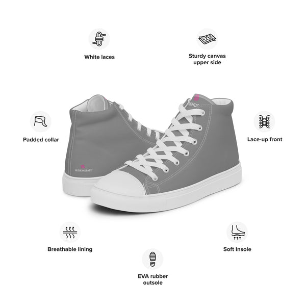 Grey Solid Color Sneakers, Modern Minimalist Designer Premium Quality Stylish Solid Light Grey Color Best Men's High Top Canvas Tennis Shoes With White Laces and Faux Leather Toe Caps  (US Size: 5-13)