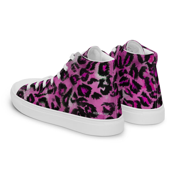 Pink Leopard Men's Sneakers, Animal Print Designer Premium Quality Stylish Men's High Top Canvas Tennis Shoes With White Laces and Faux Leather Toe Caps (US Size: 5-13)