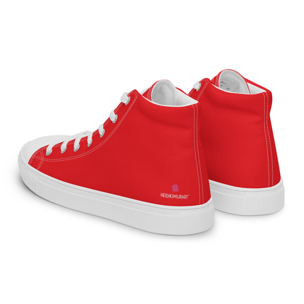 Bright Red Men's High Tops, Solid Red Color Designer Premium Quality Stylish Men's High Top Canvas Tennis Shoes With White Laces and Faux Leather Toe Caps (US Size: 5-13)