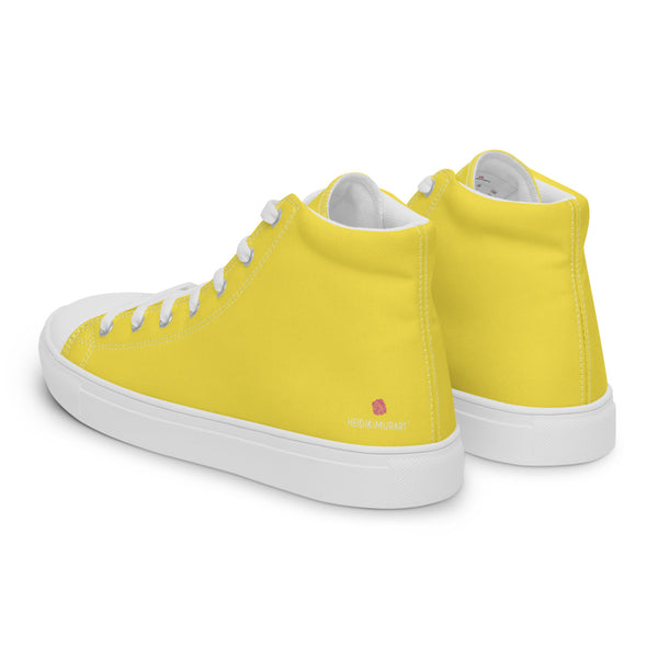 Men's Yellow  High Top Sneakers, Solid Lemon Yellow Color Men’s High Top Canvas Fashion Running Tennis Shoes
