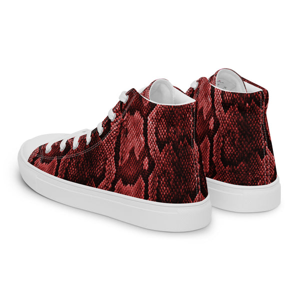 Red Snake Print Men's Sneakers, Modern Python Stylish Snake Print Designer Premium Quality Stylish Men's High Top Canvas Tennis Shoes With White Laces and Faux Leather Toe Caps (US Size: 5-13)