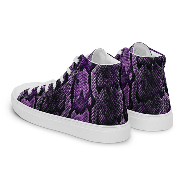 Purple Snake Print Men's Sneakers, Modern Python Stylish Snake Print Designer Premium Quality Stylish Men's High Top Canvas Tennis Shoes With White Laces and Faux Leather Toe Caps, Comfortable and Trendy Snake Print Sneakers Shoes (US Size: 5-13)