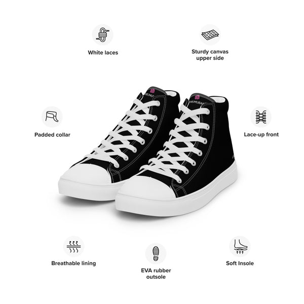 Solid Black Men's Sneakers, Solid Black Color Modern Minimalist Designer Premium Quality Stylish Men's High Top Canvas Tennis Shoes With White Laces and Faux Leather Toe Caps (US Size: 5-13)
