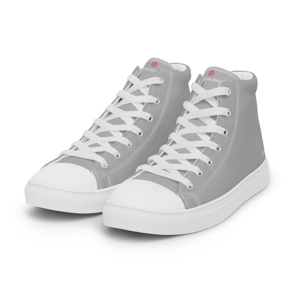 Light Grey Solid Color Sneakers, Modern Minimalist Designer Premium Quality Stylish Men's High Top Canvas Tennis Shoes With White Laces and Faux Leather Toe Caps (US Size: 5-13)