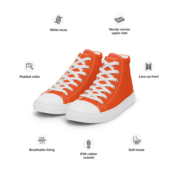Orange Solid Color Sneakers, Modern Minimalist Designer Premium Quality Stylish Men's High Top Canvas Tennis Shoes With White Laces and Faux Leather Toe Caps (US Size: 5-13)