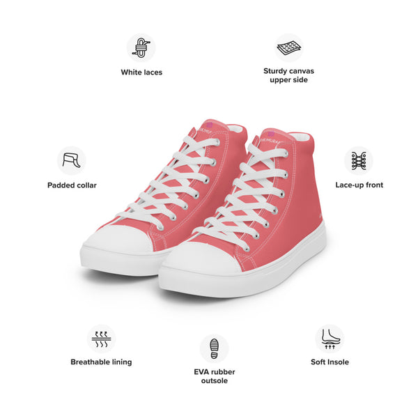 Flamingo Pink Solid Color Sneakers, Modern Minimalist Designer Premium Quality Stylish Men's High Top Canvas Tennis Shoes With White Laces and Faux Leather Toe Caps (US Size: 5-13)