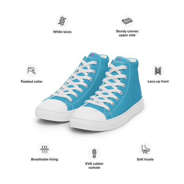 Blue Solid Color Sneakers, Modern Minimalist Designer Premium Quality Stylish Men's High Top Canvas Tennis Shoes With White Laces and Faux Leather Toe Caps 