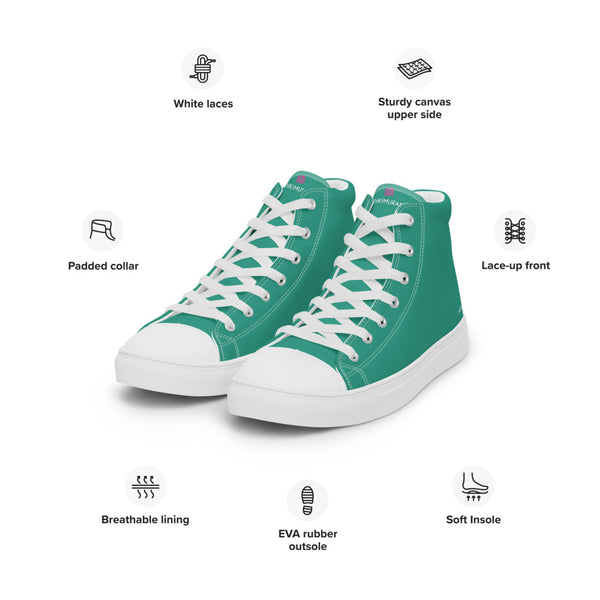 Blue Green Solid Color Sneakers, Modern Minimalist Designer Premium Quality Stylish Men's High Top Canvas Tennis Shoes With White Laces and Faux Leather Toe Caps 