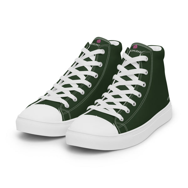 Dark Green Solid Color Sneakers, Modern Minimalist Designer Premium Quality Stylish Men's High Top Canvas Tennis Shoes With White Laces and Faux Leather Toe Caps 