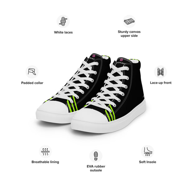 Black Green Striped Men's Sneakers, Vertical Stripes Abstract Print Designer Premium Quality Stylish Men's High Top Canvas Tennis Shoes With White Laces and Faux Leather Toe Caps (US Size: 5-13)