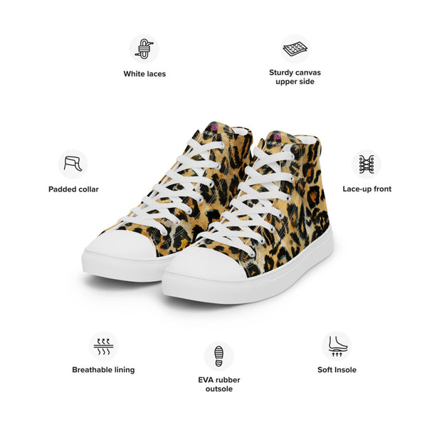Leopard Animal Print Men's Sneakers, Brown Leopard Animal Print Designer Premium Quality Stylish Men's High Top Canvas Tennis Shoes With White Laces and Faux Leather Toe Caps (US Size: 5-13)