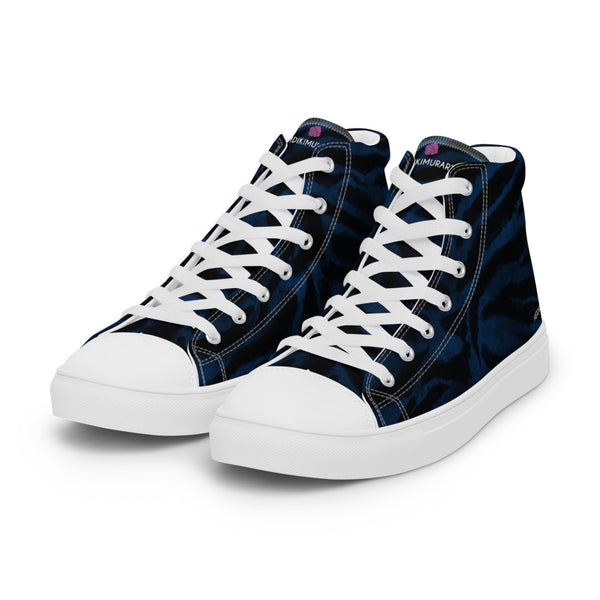 Blue Tiger Striped Men's Sneakers, Navy Blue Animal Print Tiger Stripes Designer Premium Quality Stylish Men's High Top Canvas Tennis Shoes With White Laces and Faux Leather Toe Caps (US Size: 5-13)