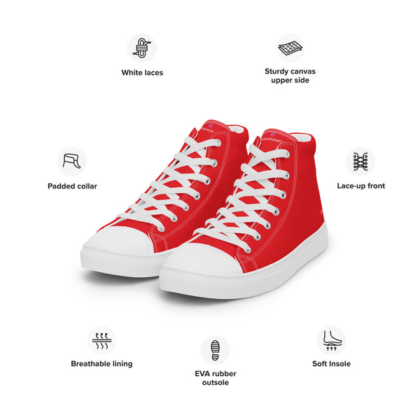 Red Solid Color Sneakers, Modern Minimalist Designer Premium Quality Stylish Solid Bright Red Color Best Men's High Top Canvas Tennis Shoes With White Laces and Faux Leather Toe Caps (US Size: 5-13)