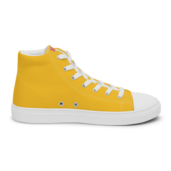 Yellow Color Men's High Tops, Solid Bright Yellow Color Designer Premium Quality Stylish Men's High Top Canvas Tennis Shoes With White Laces and Faux Leather Toe Caps (US Size: 5-13)