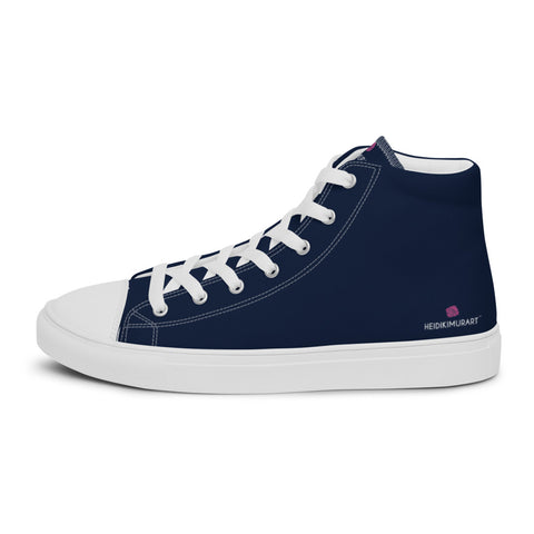 Navy Blue Color Men's High Tops, Solid Dark Blue Color Designer Premium Quality Stylish Men's High Top Canvas Tennis Shoes With White Laces and Faux Leather Toe Caps (US Size: 5-13)