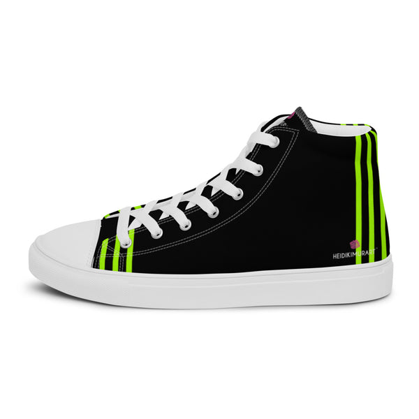 Black Green Striped Men's Sneakers, Vertical Stripes Abstract Print Designer Premium Quality Stylish Men's High Top Canvas Tennis Shoes With White Laces and Faux Leather Toe Caps (US Size: 5-13)