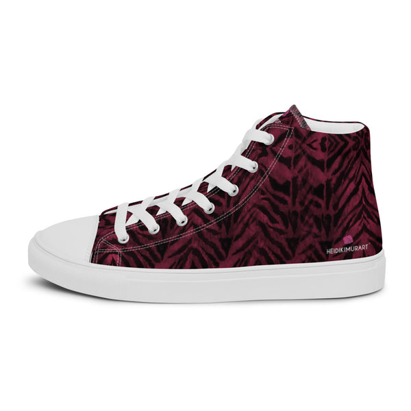 Red Tiger Striped Men's Sneakers, Animal Print Tiger Stripes Designer Premium Quality Stylish Men's High Top Canvas Tennis Shoes With White Laces and Faux Leather Toe Caps (US Size: 5-13)