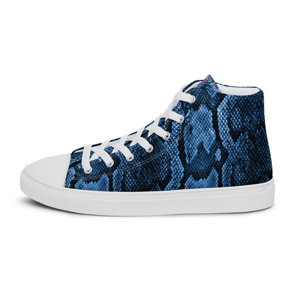 Blue Snake Print Men's Sneakers, Modern Python Stylish Blue Snake Print Designer Premium Quality Stylish Men's High Top Canvas Tennis Shoes With White Laces and Faux Leather Toe Caps, Comfortable and Trendy Snake Print Sneakers Shoes (US Size: 5-13)