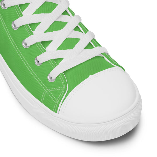 Bright Green Men's High Tops, Solid Green Color Designer Premium Quality Stylish Men's High Top Canvas Tennis Shoes With White Laces and Faux Leather Toe Caps (US Size: 5-13)