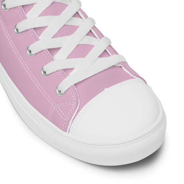 Pale Pink Solid Color Sneakers, Modern Minimalist Designer Premium Quality Stylish Men's High Top Canvas Tennis Shoes With White Laces and Faux Leather Toe Caps (US Size: 5-13)