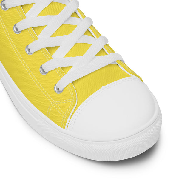 Men's Yellow  High Top Sneakers, Solid Lemon Yellow Color Modern Minimalist Designer Premium Quality Stylish Men's High Top Canvas Tennis Shoes With White Laces and Faux Leather Toe Caps (US Size: 5-13)