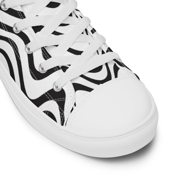Black White Waves Men's Sneakers, Waves Abstract Print Designer Premium Quality Stylish Men's High Top Canvas Tennis Shoes With White Laces and Faux Leather Toe Caps (US Size: 5-13)