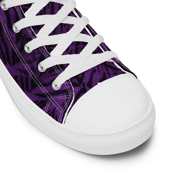 Purple Tiger Striped Men's Sneakers, Animal Print Tiger Stripes Designer Premium Quality Stylish Men's High Top Canvas Tennis Shoes With White Laces and Faux Leather Toe Caps (US Size: 5-13)