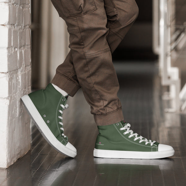 Dark Green Men's High Tops, Solid Green Color Designer Premium Quality Stylish Men's High Top Canvas Tennis Shoes With White Laces and Faux Leather Toe Caps (US Size: 5-13)