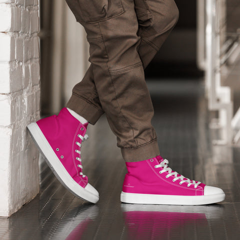 Hot Pink Men's High Tops, Solid Hot Pink Color Designer Premium Quality Stylish Men's High Top Canvas Tennis Shoes With White Laces and Faux Leather Toe Caps (US Size: 5-13)