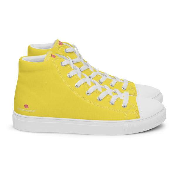 Men's Yellow  High Top Sneakers, Solid Lemon Yellow Color Men’s High Top Canvas Fashion Running Tennis Shoes