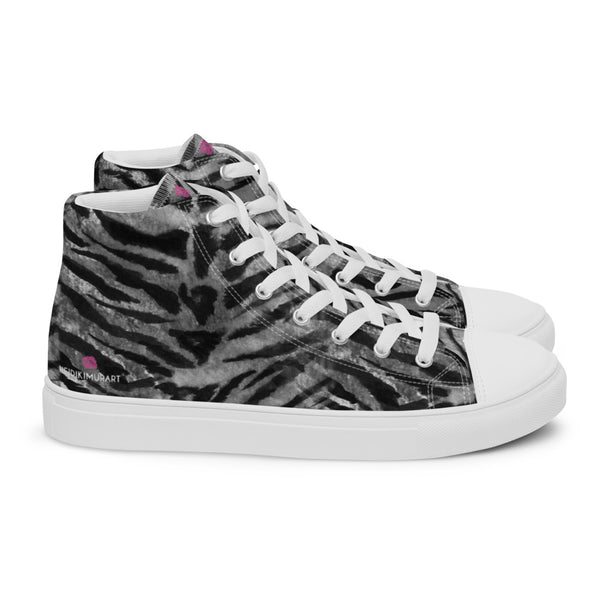 Grey Tiger Striped Men's Sneakers, Animal Print Tiger Stripes Designer Premium Quality Stylish Men's High Top Canvas Tennis Shoes With White Laces and Faux Leather Toe Caps (US Size: 5-13)