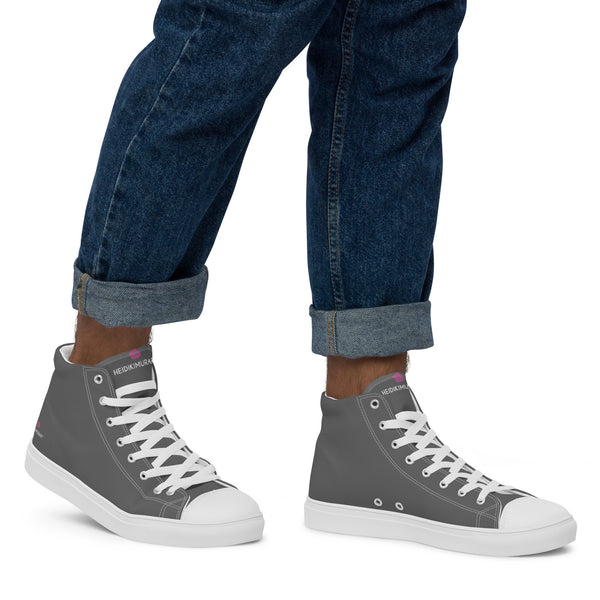 Ash Grey Color Men's High Tops, Solid Dark Grey Color Designer Premium Quality Stylish Men's High Top Canvas Tennis Shoes With White Laces and Faux Leather Toe Caps (US Size: 5-13)