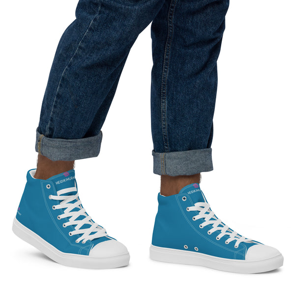Teal Blue Men's High Tops, Solid Color Best Men’s high top canvas shoes