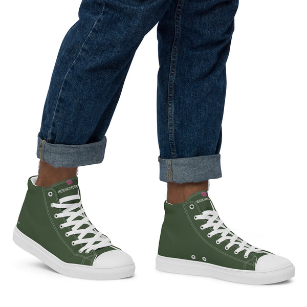 Dark Green Men's High Tops, Solid Green Color Designer Premium Quality Stylish Men's High Top Canvas Tennis Shoes With White Laces and Faux Leather Toe Caps (US Size: 5-13)