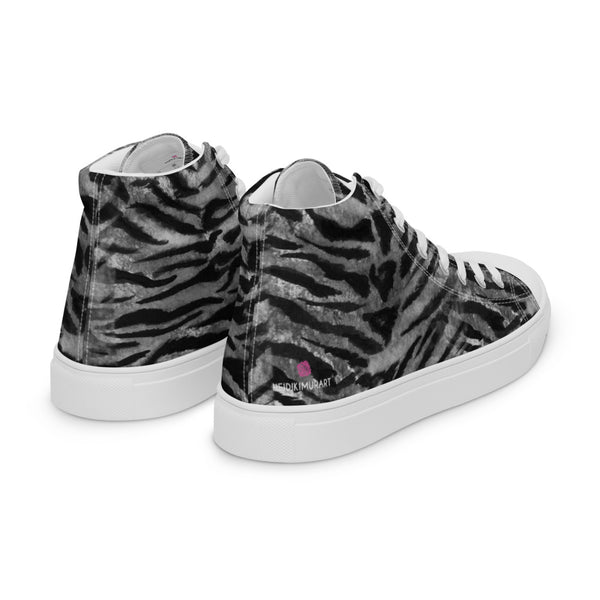 Grey Tiger Striped Men's Sneakers, Animal Print Tiger Stripes Designer Premium Quality Stylish Men's High Top Canvas Tennis Shoes With White Laces and Faux Leather Toe Caps (US Size: 5-13)