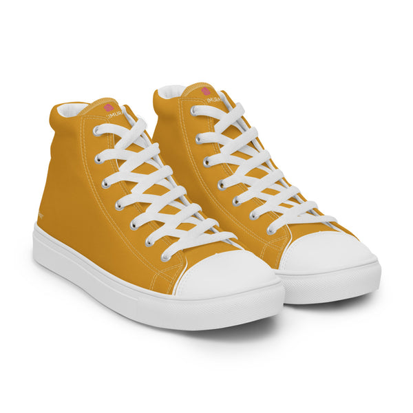 Orange Yellow Solid Color Sneakers, Modern Minimalist Designer Premium Quality Stylish Men's High Top Canvas Tennis Shoes With White Laces and Faux Leather Toe Caps (US Size: 5-13)