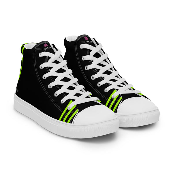 Black Green Striped Men's Sneakers, Vertical Stripes Premium High Top Tennis Shoes For Men