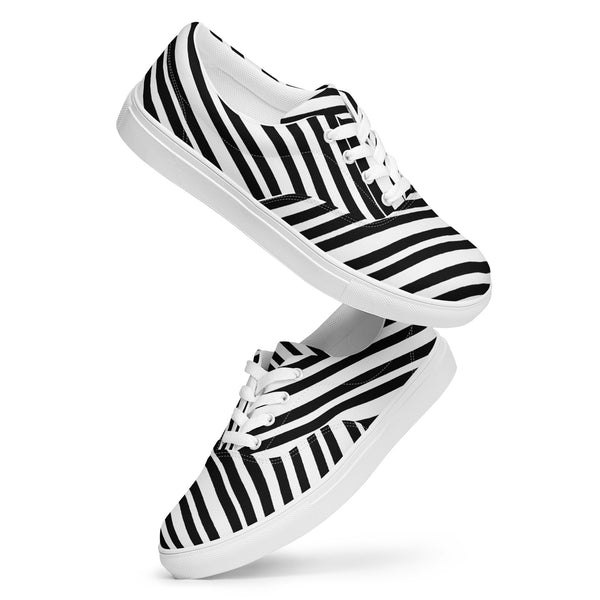Striped Men's Low Top Sneakers, Black White Diagonal Stripes Best Premium Designer Men’s Lace-up Low Top Sneakers, Modern Essential Classic Every Day Best Quality Fashionable Running Casual Canvas Breathable Comfortable Running Shoes With White Laces & Padded Collar & Tongue (US Size: 5-13)