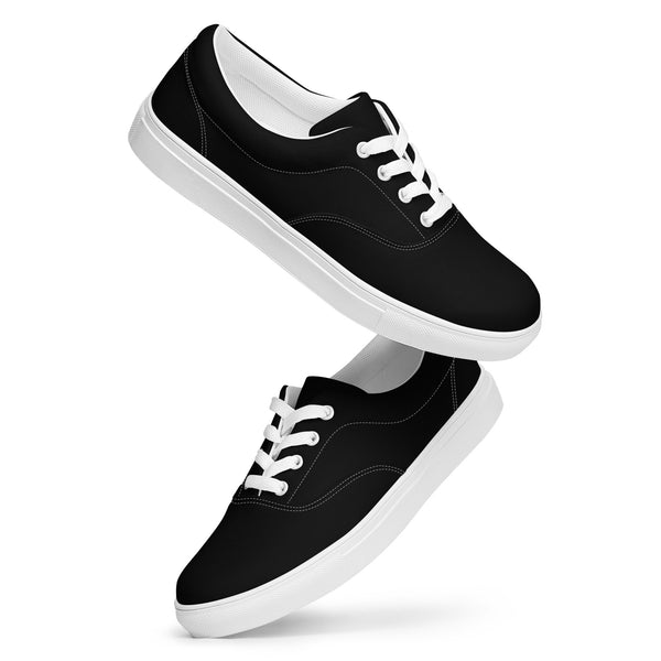 Black Solid Color Men's Sneakers, Solid Black Color Best Premium Designer Men’s Lace-up Low Top Sneakers, Modern Essential Classic Every Day Best Quality Fashionable Running Casual Canvas Breathable Comfortable Running Shoes With White Laces & Padded Collar & Tongue (US Size: 5-13)