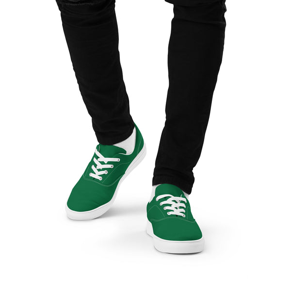 Dark Green Men's Sneakers, Solid Green Color Best Premium Designer Men’s Lace-up Low Top Sneakers, Modern Essential Classic Every Day Best Quality Fashionable Running Casual Canvas Breathable Comfortable Running Shoes With White Laces & Padded Collar & Tongue (US Size: 5-13)
