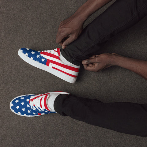 American Flag Men's Low Tops, US Flag July Forth Best Premium Designer Men’s Lace-up Low Top Sneakers, Modern Essential Classic Every Day Best Quality Fashionable Running Casual Canvas Breathable Comfortable Running Shoes With White Laces & Padded Collar & Tongue (US Size: 5-13)