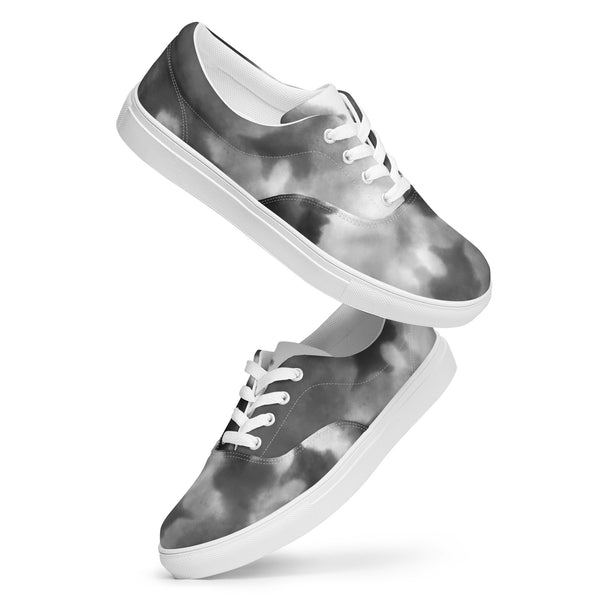Grey Tie Dye Men's Sneakers, Abstract Best Premium Designer Men’s Lace-up Low Top Sneakers, Modern Essential Classic Every Day Best Quality Fashionable Running Casual Canvas Breathable Comfortable Running Shoes With White Laces & Padded Collar & Tongue (US Size: 5-13)