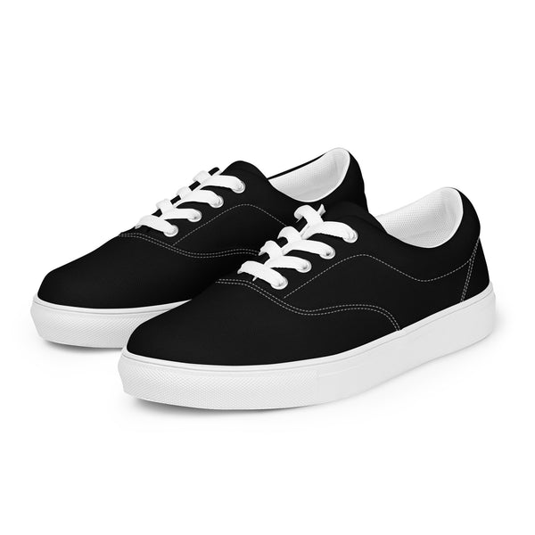 Black Solid Color Men's Sneakers, Solid Black Color Best Premium Designer Men’s Lace-up Low Top Sneakers, Modern Essential Classic Every Day Best Quality Fashionable Running Casual Canvas Breathable Comfortable Running Shoes With White Laces & Padded Collar & Tongue (US Size: 5-13)