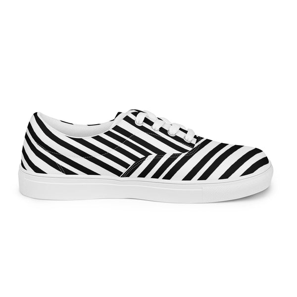 Striped Men's Low Top Sneakers, Black White Diagonal Stripes Best Premium Designer Men’s Lace-up Low Top Sneakers, Modern Essential Classic Every Day Best Quality Fashionable Running Casual Canvas Breathable Comfortable Running Shoes With White Laces & Padded Collar & Tongue (US Size: 5-13)