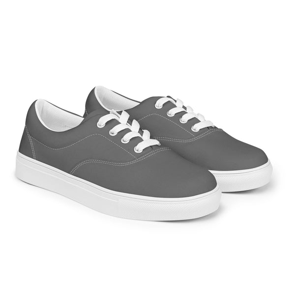 Charcoal Grey Men's Low Tops, Solid Charcoal Grey Color Best Premium Designer Men’s Lace-up Low Top Sneakers, Modern Essential Classic Every Day Best Quality Fashionable Running Casual Canvas Breathable Comfortable Running Shoes With White Laces & Padded Collar & Tongue (US Size: 5-13)