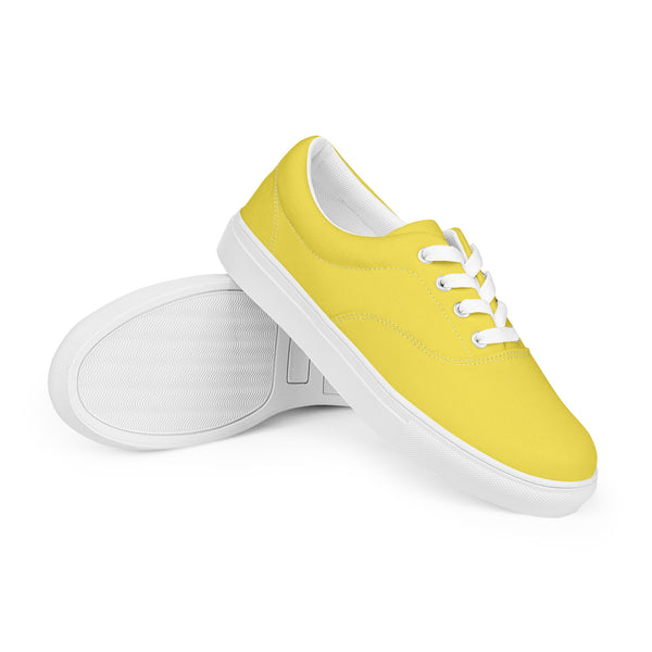 Men's Lemon Yellow Low Tops, Solid Bright Yellow Color Best Premium Designer Men’s Lace-up Low Top Sneakers, Modern Essential Classic Every Day Best Quality Fashionable Running Casual Canvas Breathable Comfortable Running Shoes With White Laces & Padded Collar & Tongue (US Size: 5-13)