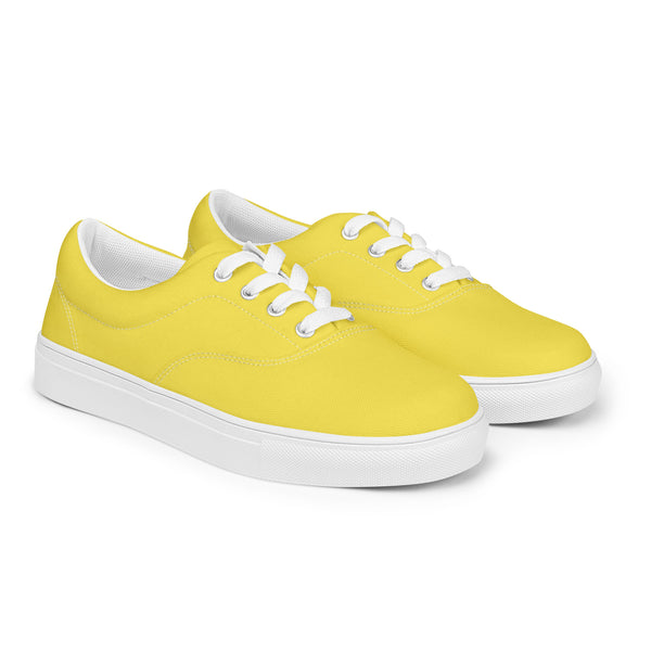Men's Lemon Yellow Low Tops, Solid Bright Yellow Color Best Premium Designer Men’s Lace-up Low Top Sneakers, Modern Essential Classic Every Day Best Quality Fashionable Running Casual Canvas Breathable Comfortable Running Shoes With White Laces & Padded Collar & Tongue (US Size: 5-13)