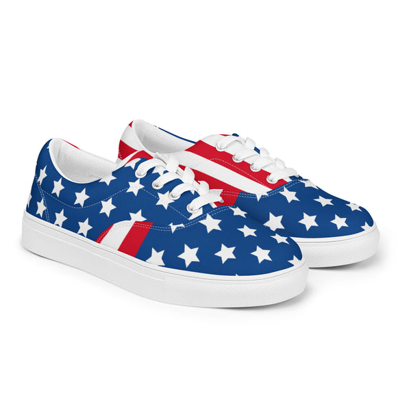 American Flag Men's Low Tops, US Flag July Forth Best Premium Designer Men’s Lace-up Low Top Sneakers, Modern Essential Classic Every Day Best Quality Fashionable Running Casual Canvas Breathable Comfortable Running Shoes With White Laces & Padded Collar & Tongue (US Size: 5-13)