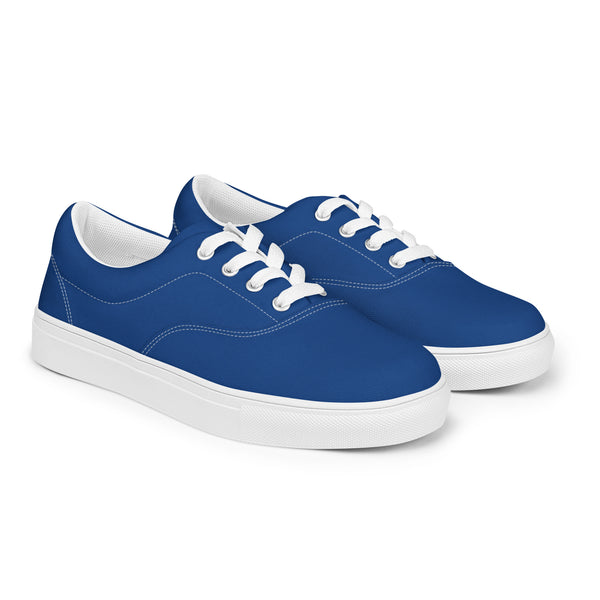 Dark Blue Men's Low Tops, Solid Dark Blue Color Best Premium Designer Men’s Lace-up Low Top Sneakers, Modern Essential Classic Every Day Best Quality Fashionable Running Casual Canvas Breathable Comfortable Running Shoes With White Laces & Padded Collar & Tongue (US Size: 5-13)